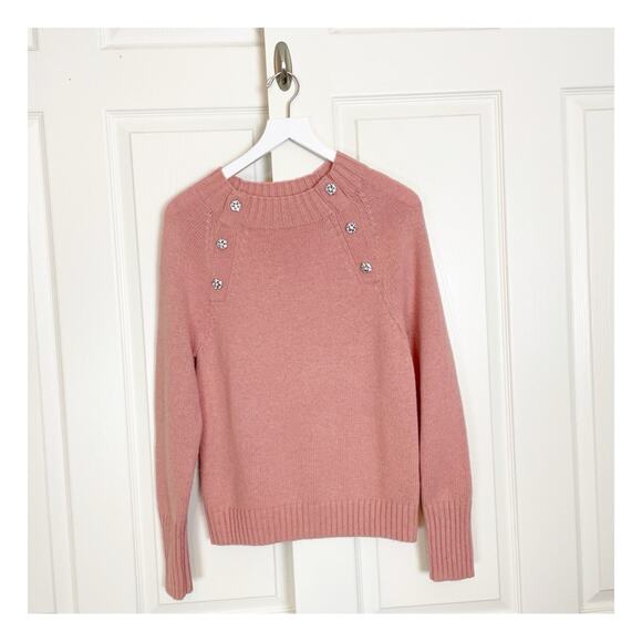 J. Crew Pink Rhinestone Button Shoulder Lambswool Sweater - Picture 2 of 10